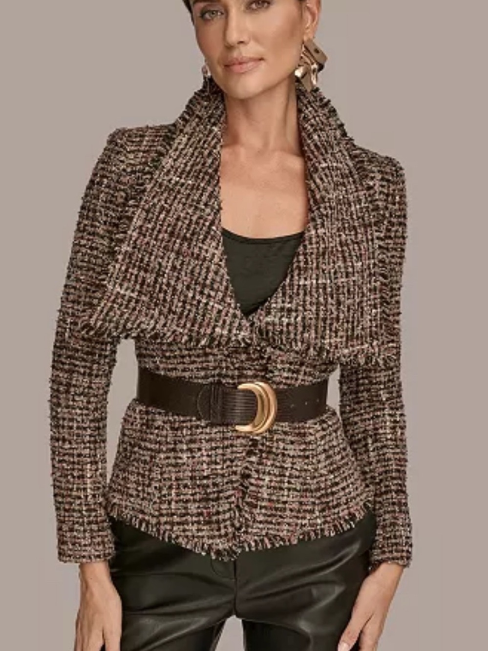 DONNA KATAN WIDE LAPEL COLLAR TWEED BLAZER